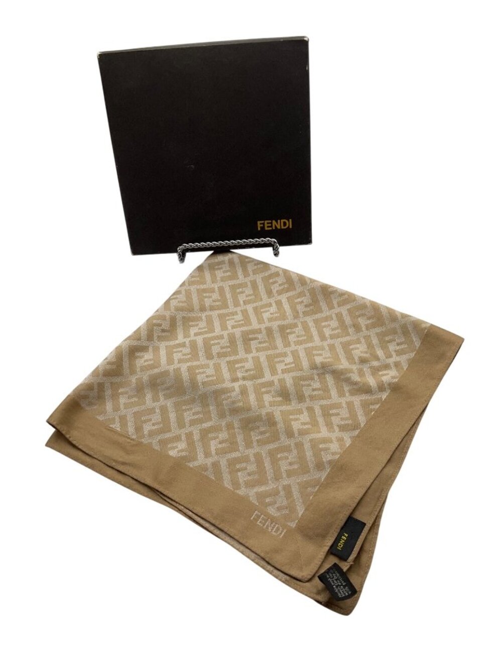 VTG Y2K Fendi Beige FF Zucca Monogram Handkerchief Scarve Scarf Cotton 18" Origi
